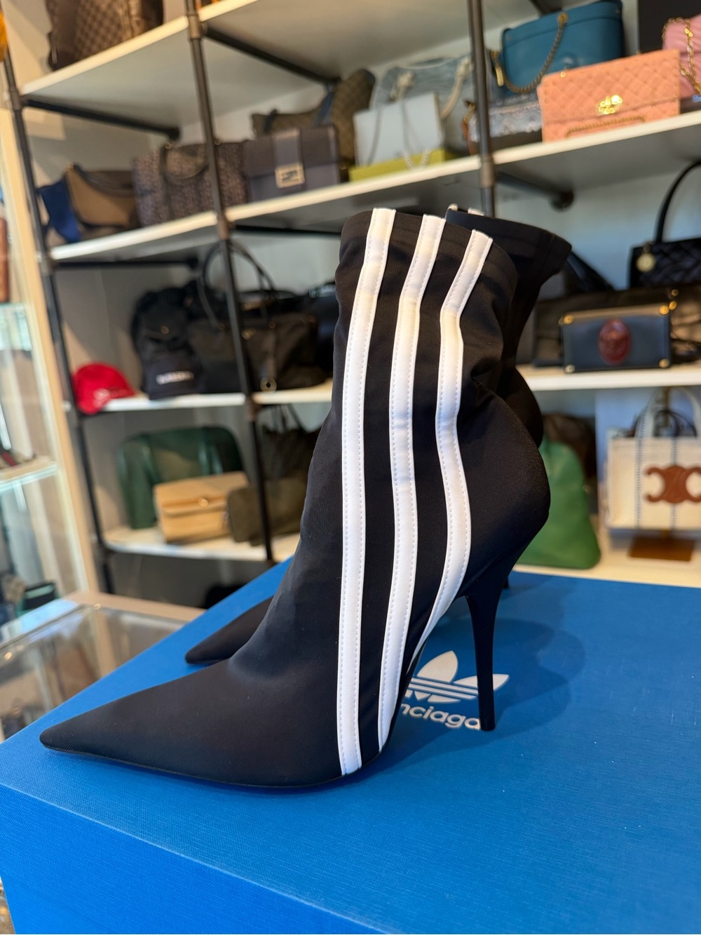 Balenciaga X adidas Black Pointed Stiletto uSock Boot with White Stripes size 37